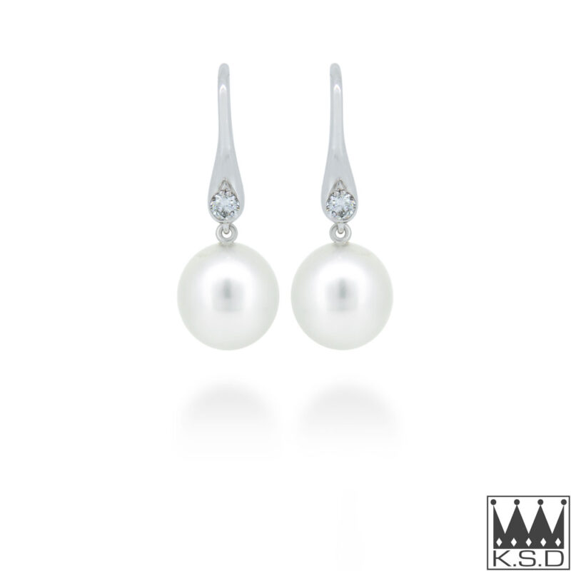 Pearl and Diamond Shepherds Hook Gold Earrings