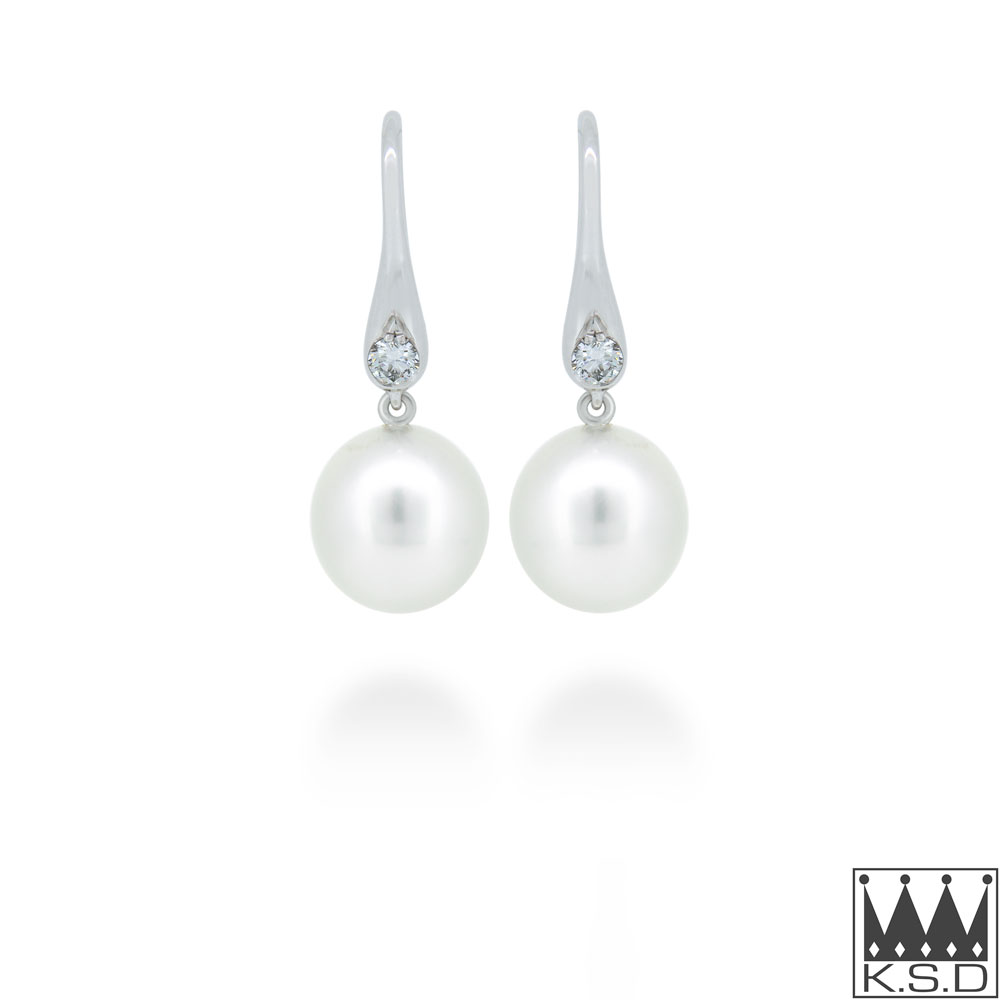 Pearl and Diamond Shepherds Hook Gold Earrings