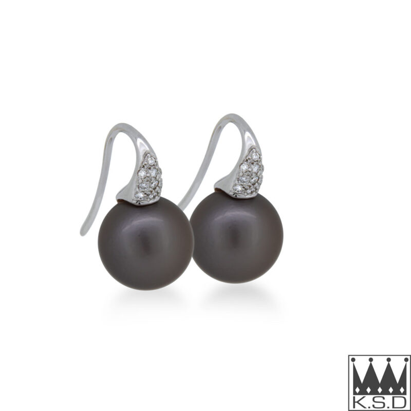 Black Pearl and Diamond Set Shepherd Hook Earrings