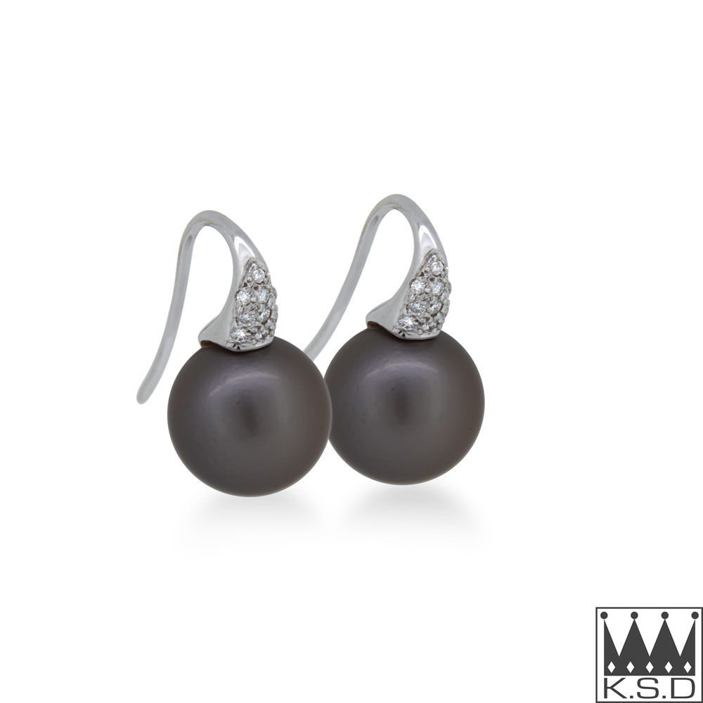 Black Pearl and Diamond Set Shepherd Hook Earrings