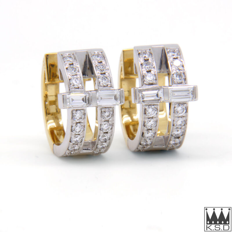 Baguette & Round Diamond 18ct Yellow & White Gold Huggies